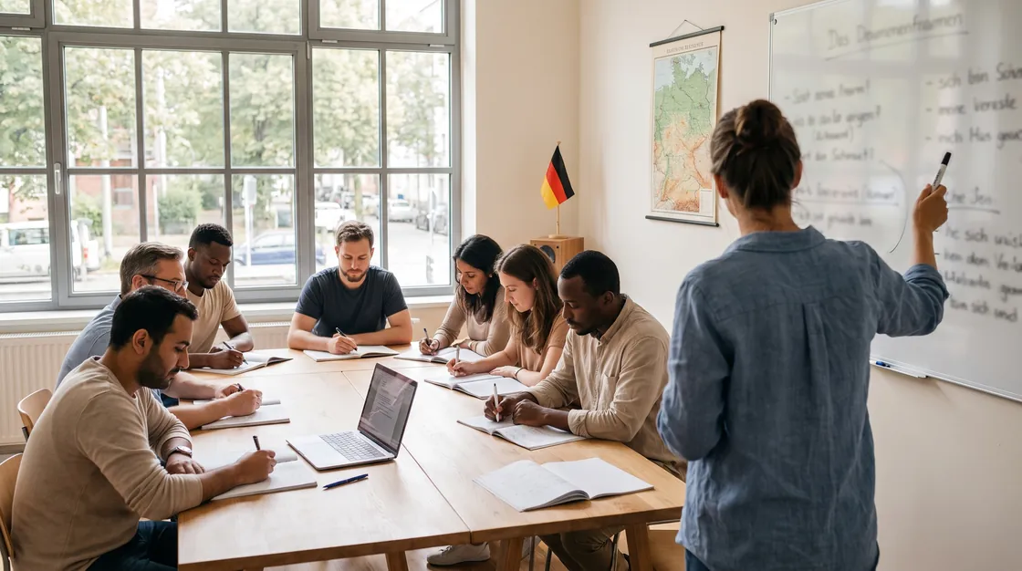 Deutschkurs, Lehrerin an der Tafel